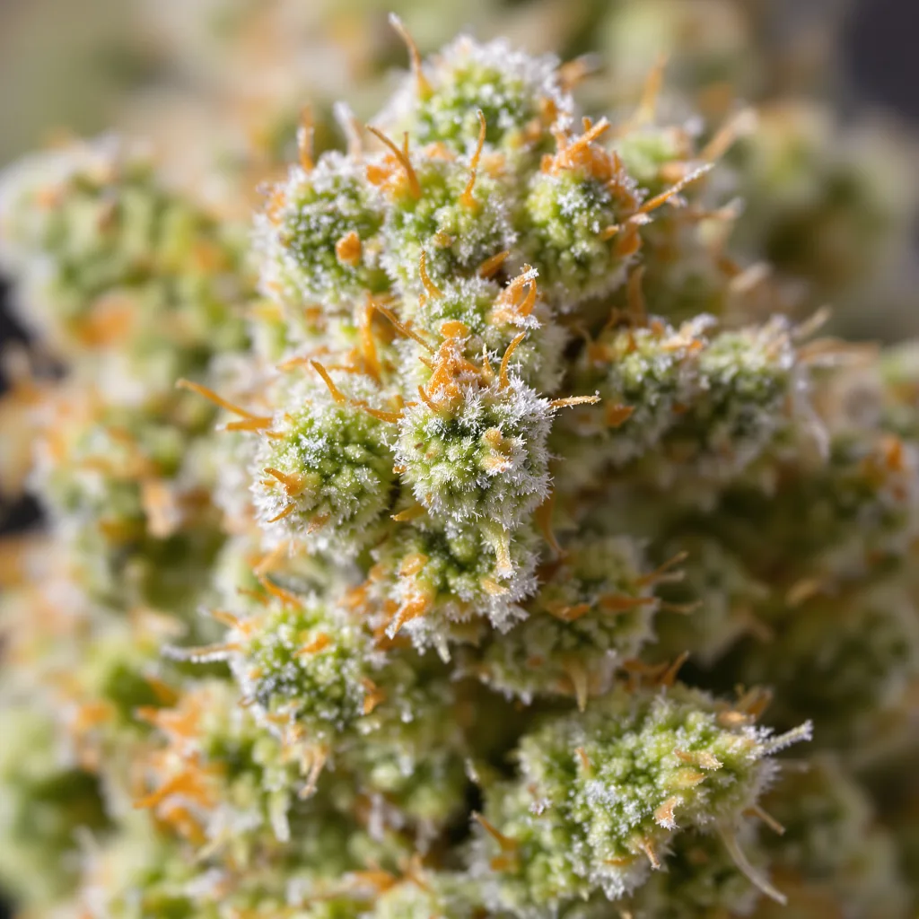 Gros plan de fleur de cannabis White Nightmare montrant structure aérée vert lime