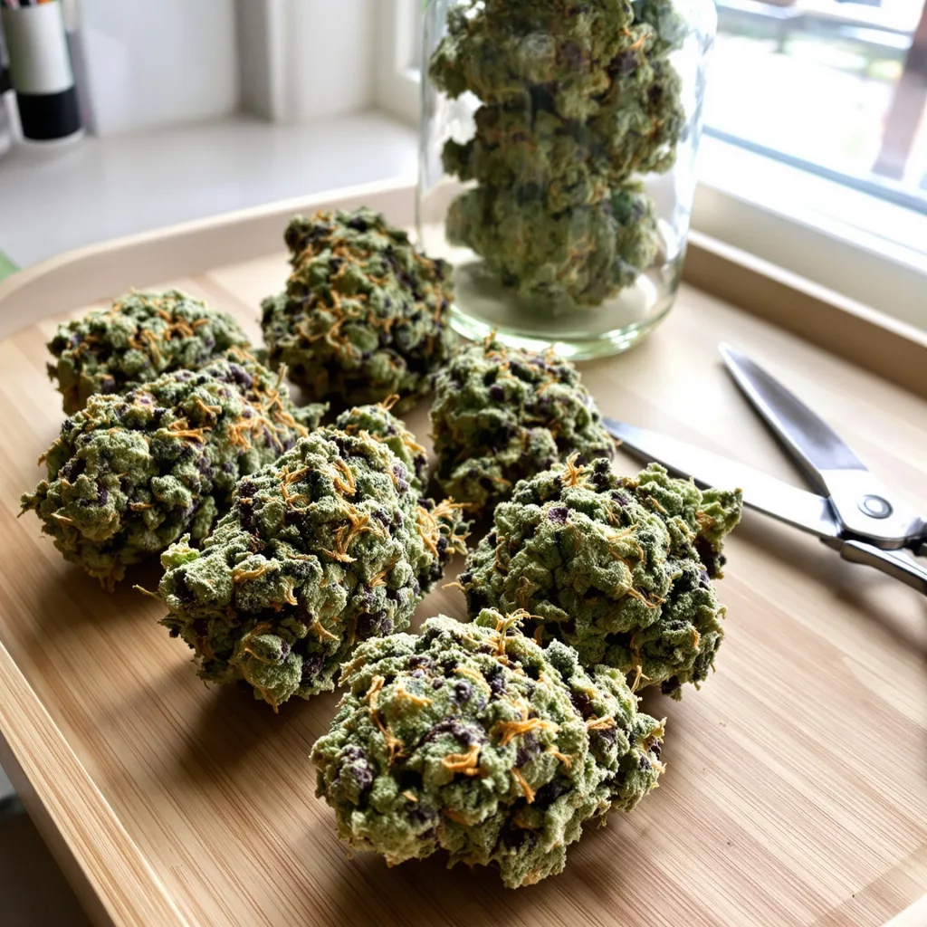White OG 43% indica / 57% sativa — fleur avec trichomes visibles