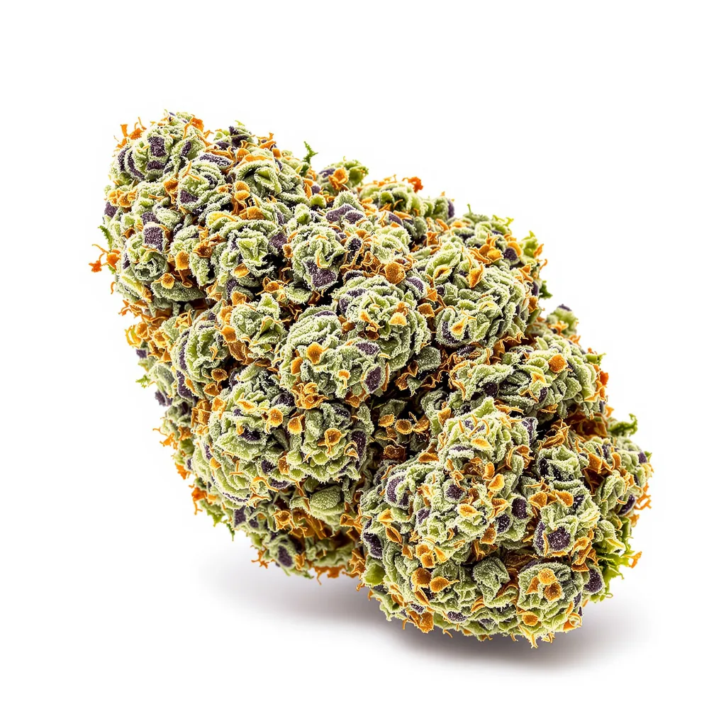 White OG 43% indica / 57% sativa — fleur avec trichomes visibles