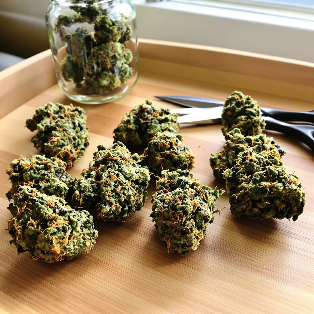 White Rhino 90% indica / 50% sativa — fleur avec trichomes visibles