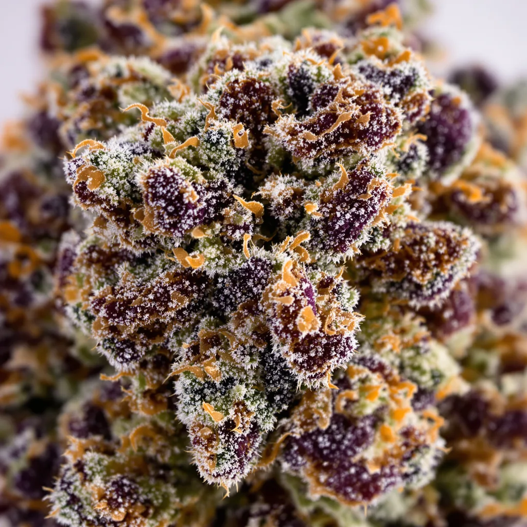 Gros plan de fleur de cannabis White Rhino montrant calices denses aux reflets violets