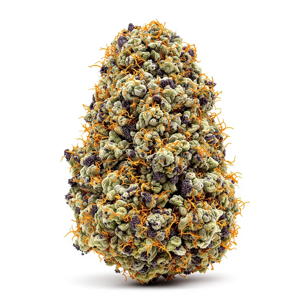 White Rhino 100% indica / 50% sativa — fleur avec trichomes visibles
