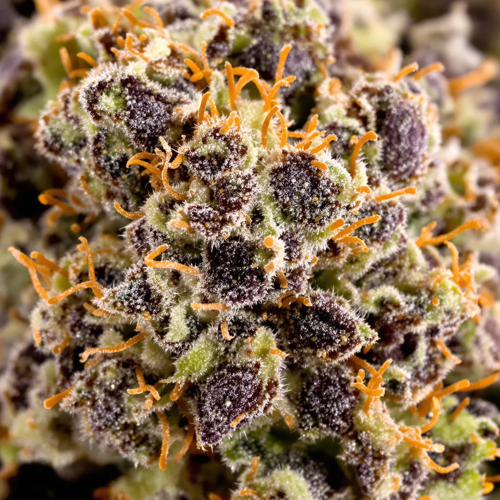 Gros plan de fleur de cannabis White Runtz montrant calices denses aux reflets violets