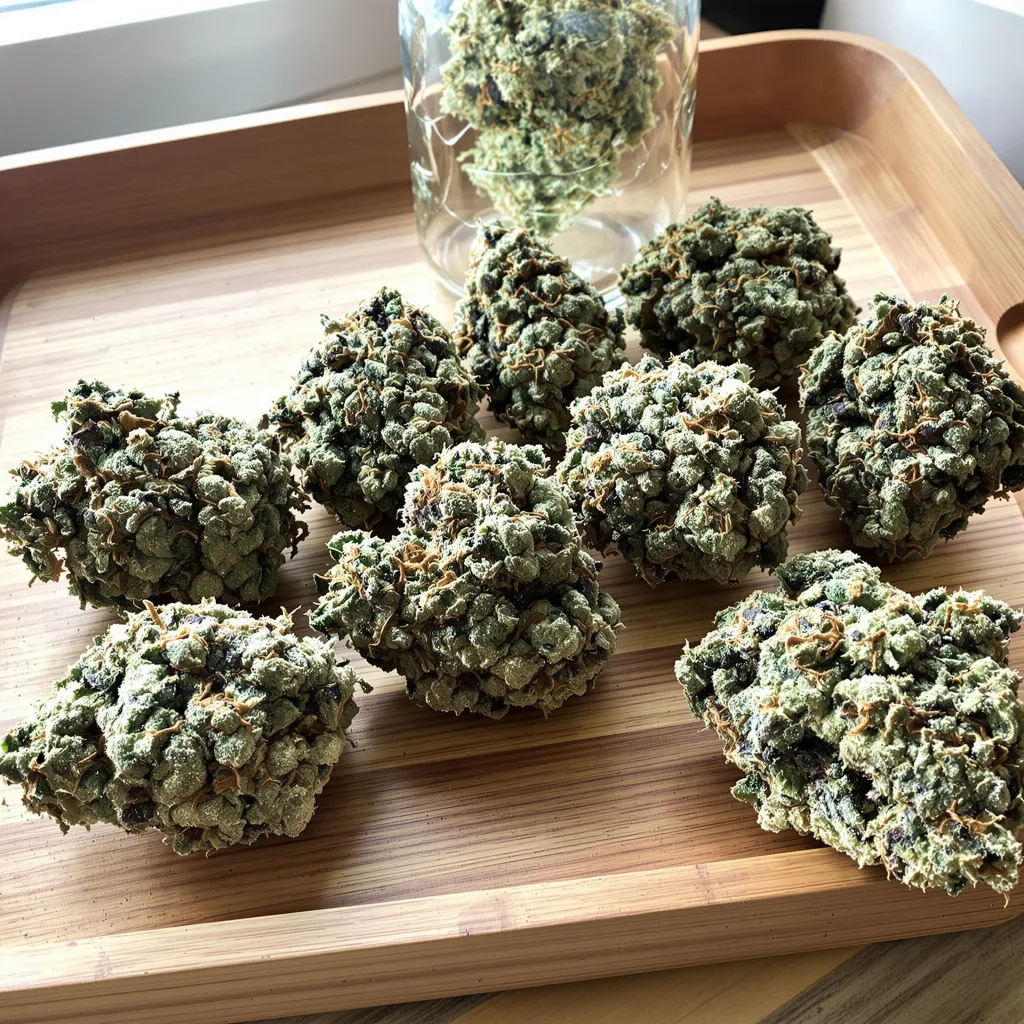 White Russian 50% indica / 50% sativa — fleur avec trichomes visibles