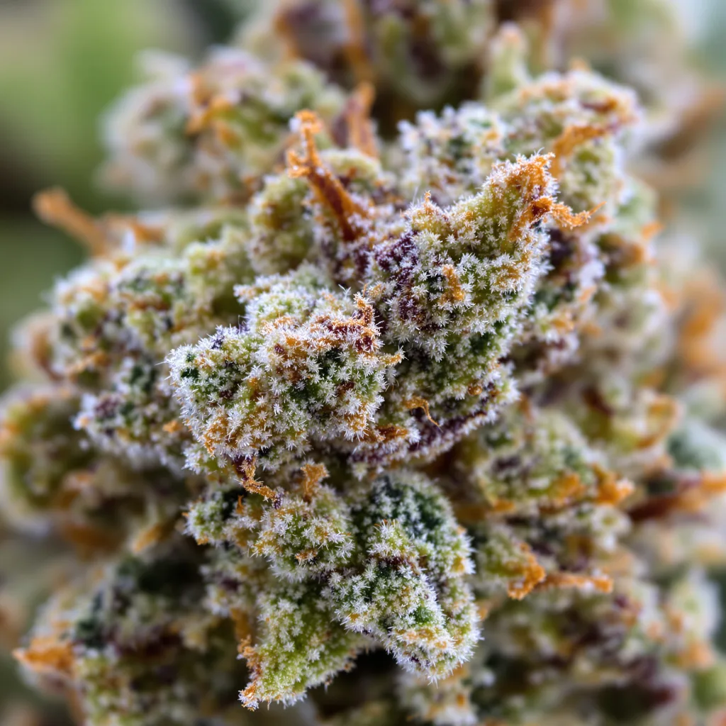 Gros plan de fleur de cannabis White Russian montrant structure équilibrée avec trichomes givrés