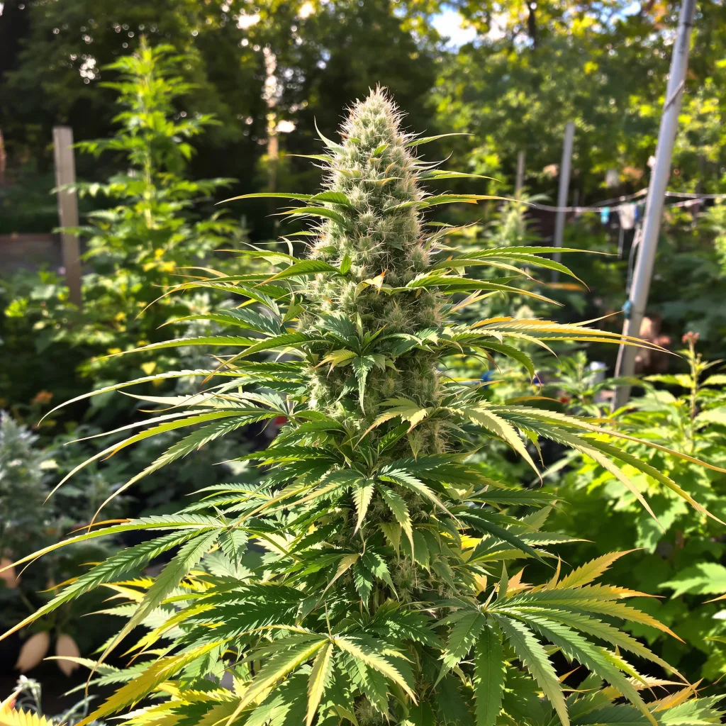 White Russian 50% indica / 50% sativa — fleur avec trichomes visibles