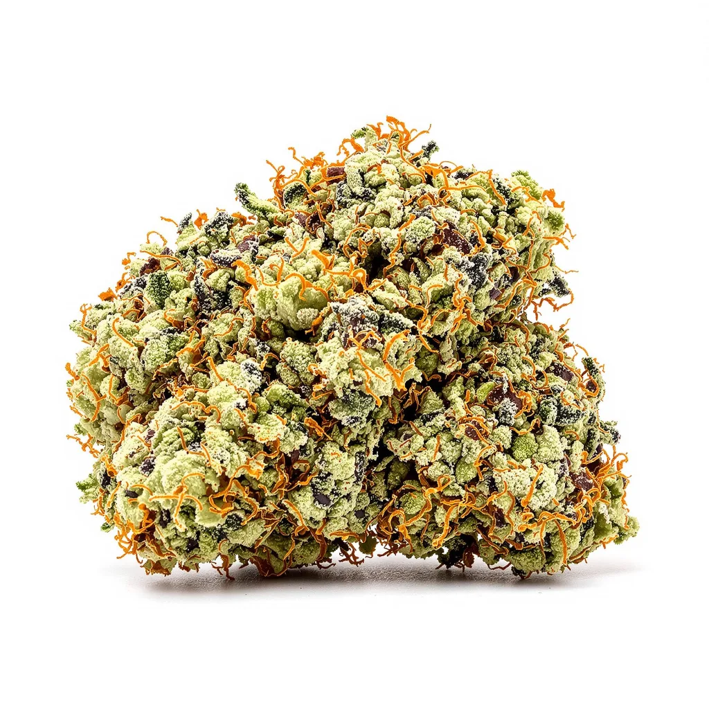 White Russian 50% indica / 50% sativa — fleur avec trichomes visibles