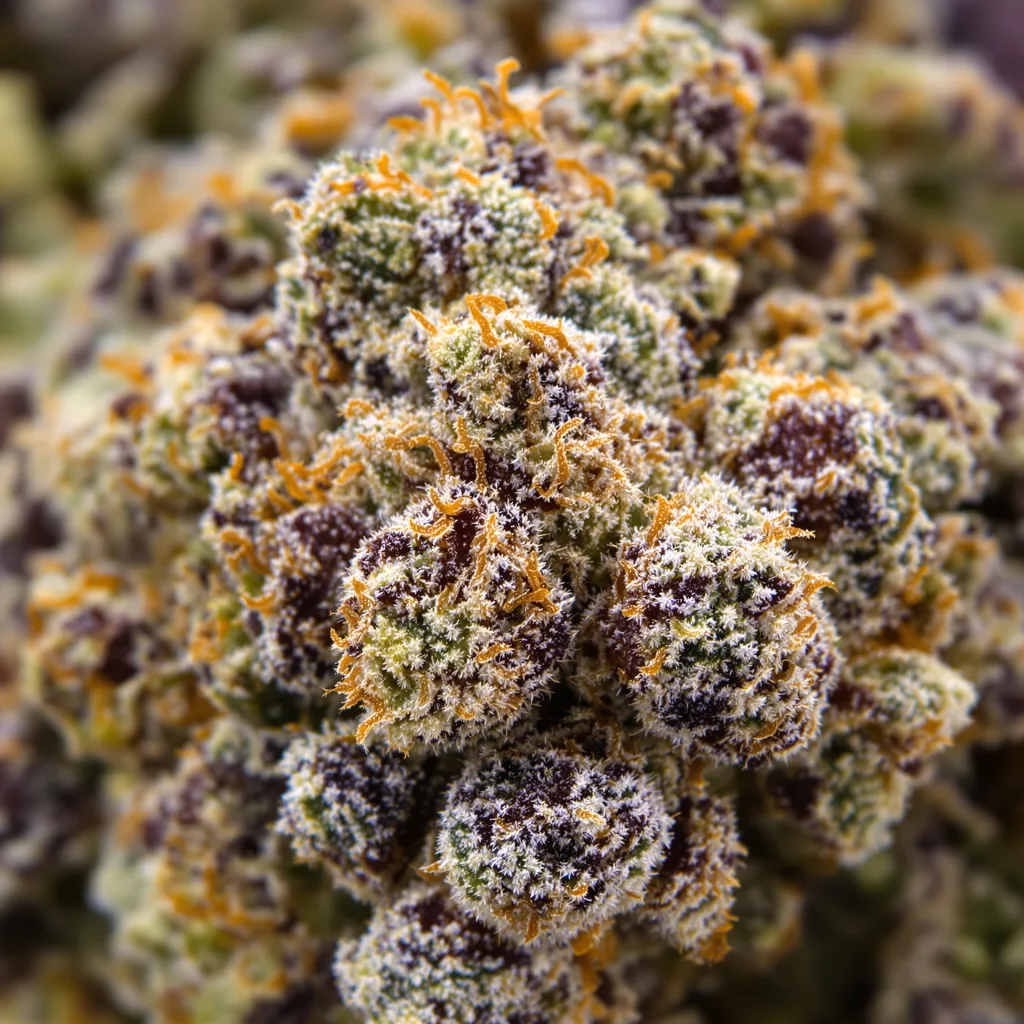 Gros plan de fleur de cannabis White Truffle montrant calices denses aux reflets violets