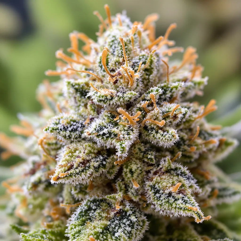 Gros plan de fleur de cannabis White Widow montrant structure équilibrée avec trichomes givrés