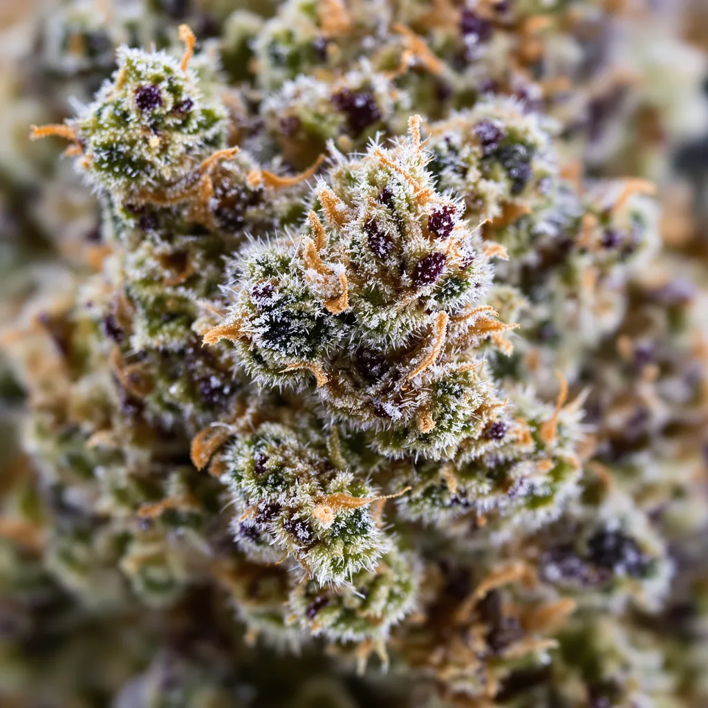Gros plan de fleur de cannabis White Widow montrant structure équilibrée avec trichomes givrés