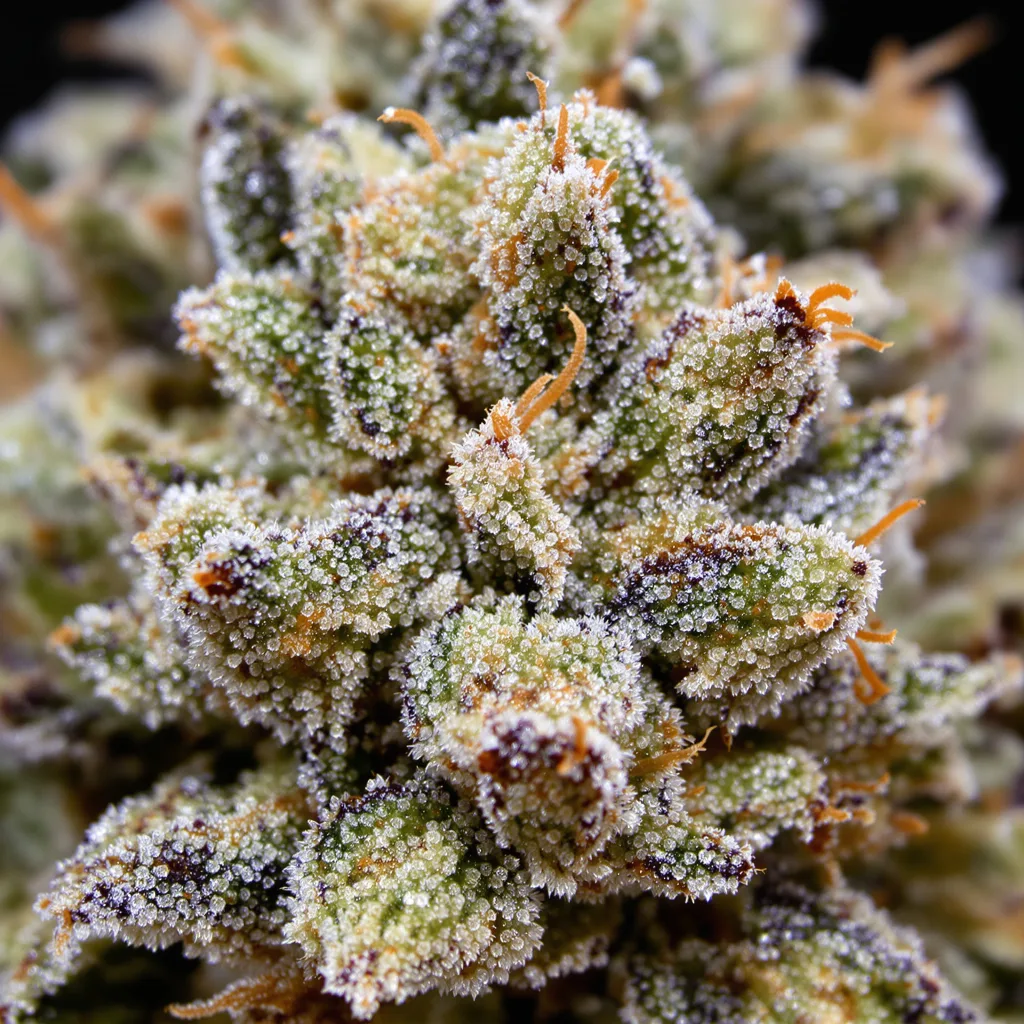 Gros plan de fleur de cannabis Whiteout montrant structure ouverte avec pistils orangés