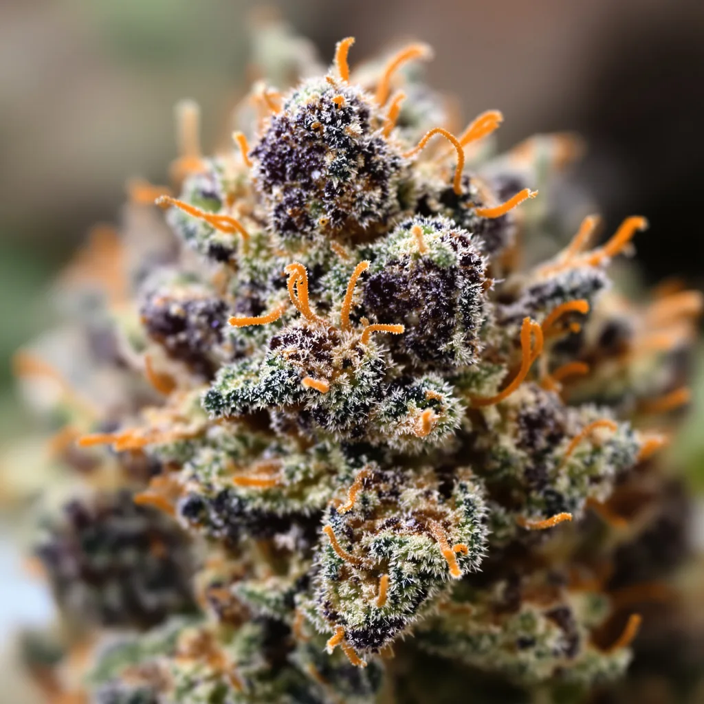 Gros plan de fleur de cannabis Wild Hog montrant calices denses aux reflets violets