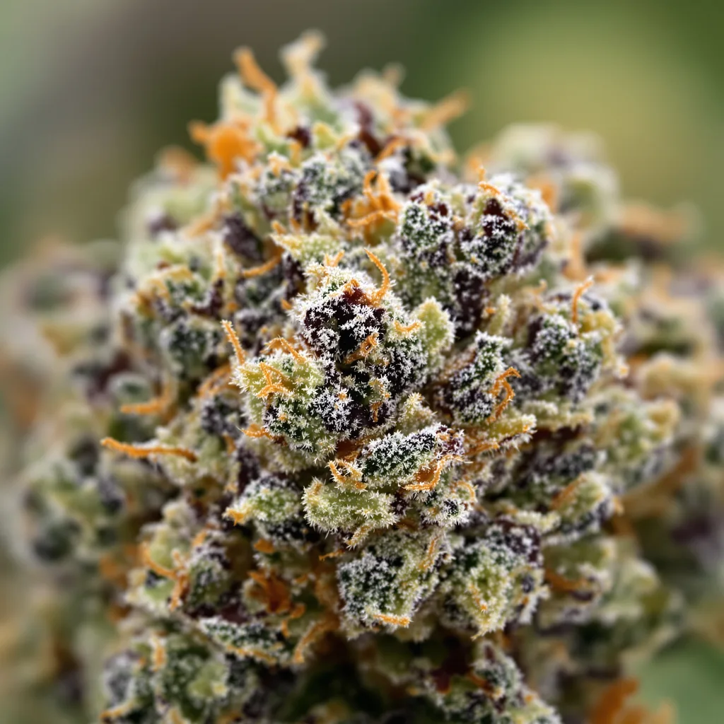 Gros plan de fleur de cannabis WMD montrant calices denses aux reflets violets