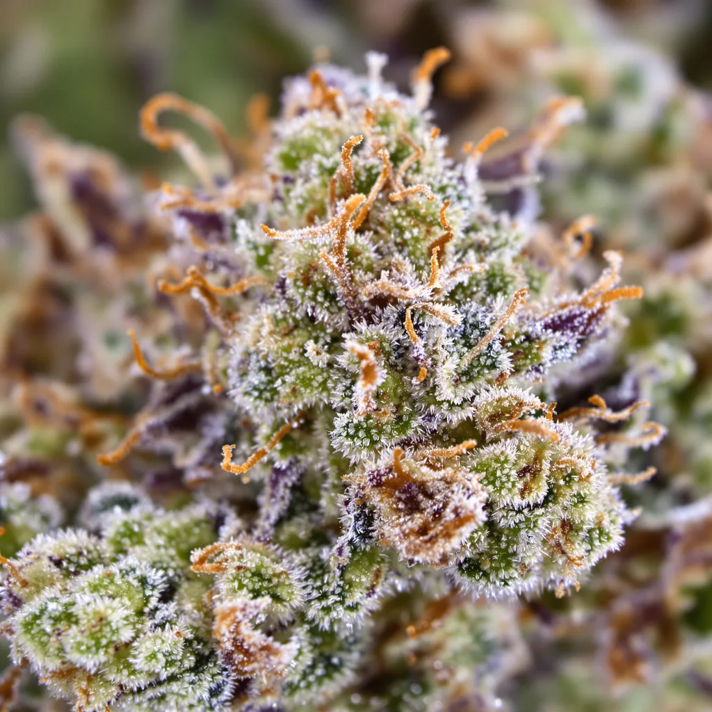 Gros plan de fleur de cannabis Wonder Woman montrant structure équilibrée avec trichomes givrés