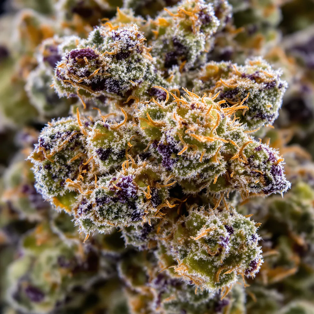 Gros plan de fleur de cannabis WTF montrant structure équilibrée avec trichomes givrés