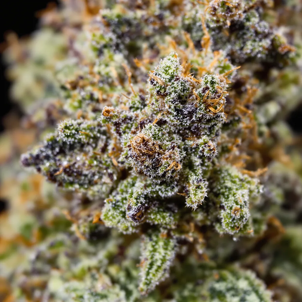Gros plan de fleur de cannabis X-Wing montrant calices denses aux reflets violets