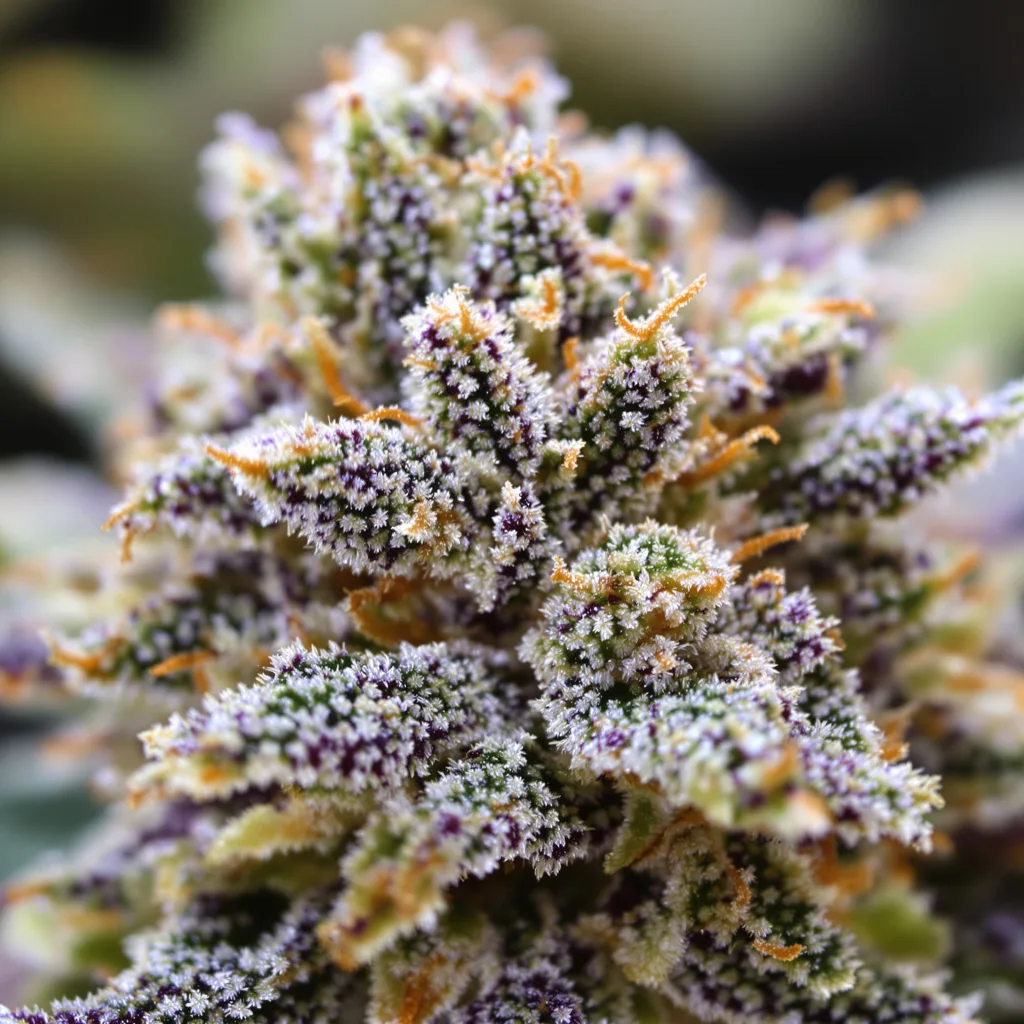Gros plan de fleur de cannabis XJ-13 montrant structure équilibrée avec trichomes givrés
