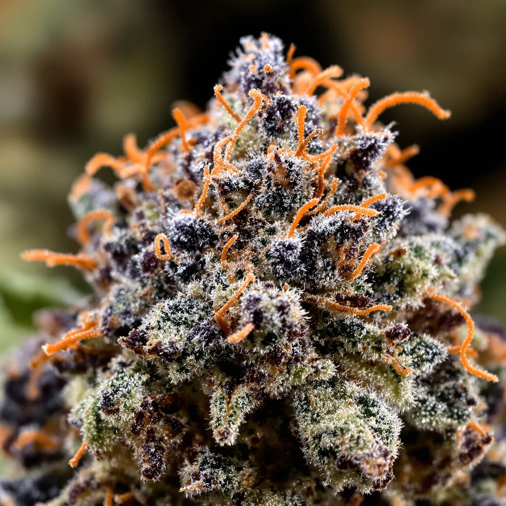 Gros plan de fleur de cannabis XXX 420 montrant calices denses aux reflets violets