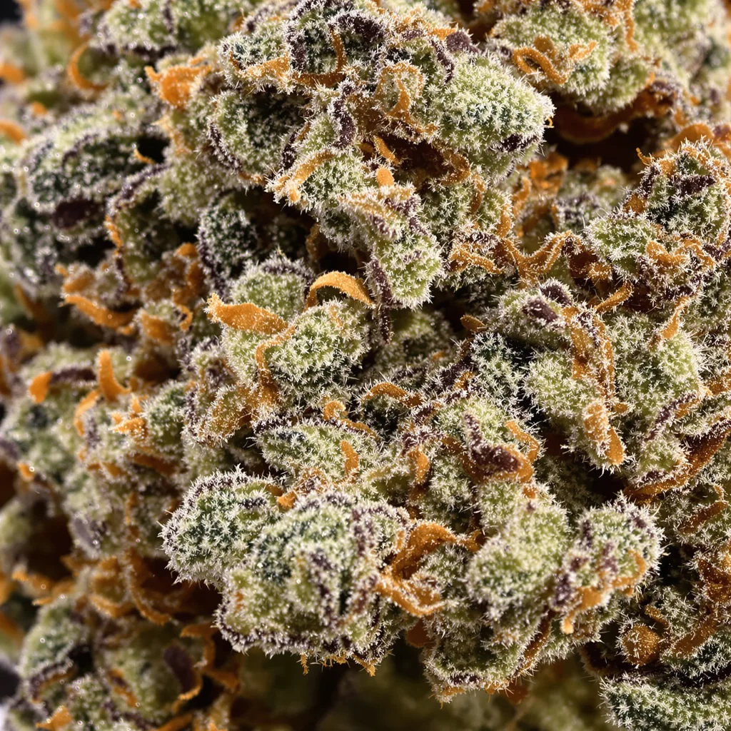 Gros plan de fleur de cannabis XXX 420 montrant calices denses aux reflets violets