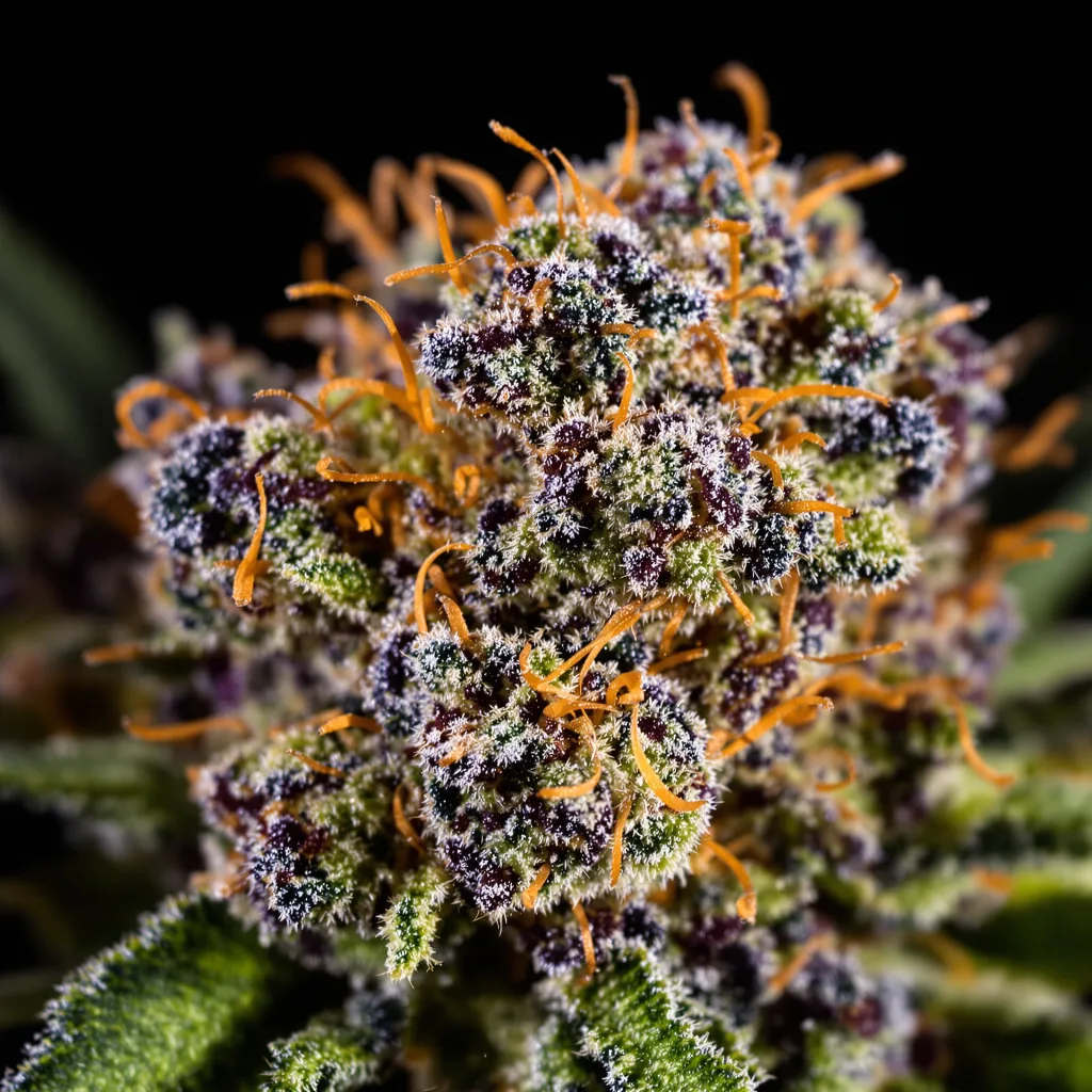 Gros plan de fleur de cannabis XXX OG montrant calices denses aux reflets violets