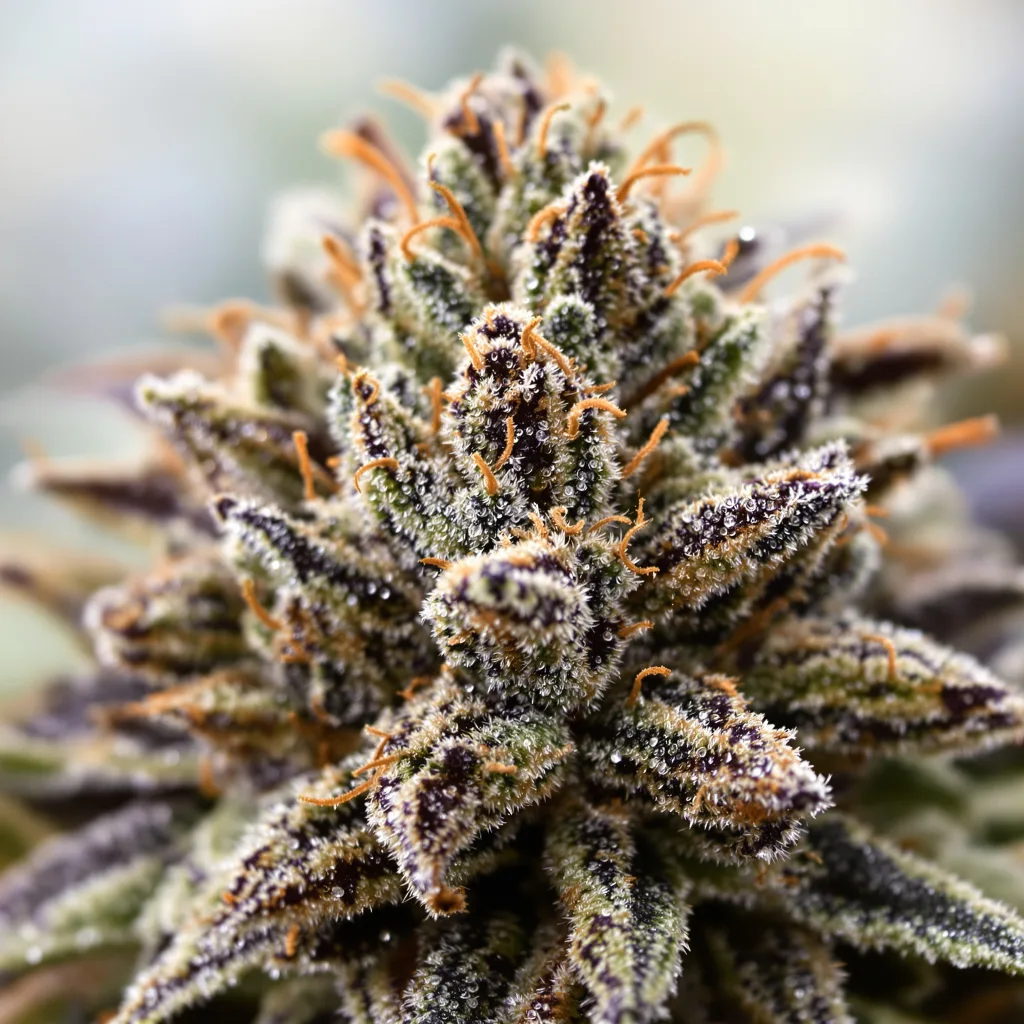 Gros plan de fleur de cannabis Yeti OG montrant calices denses aux reflets violets