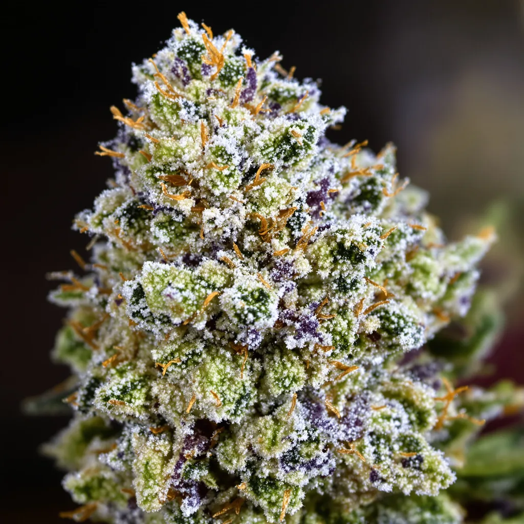 Gros plan de fleur de cannabis Yoda OG montrant structure ouverte avec pistils orangés