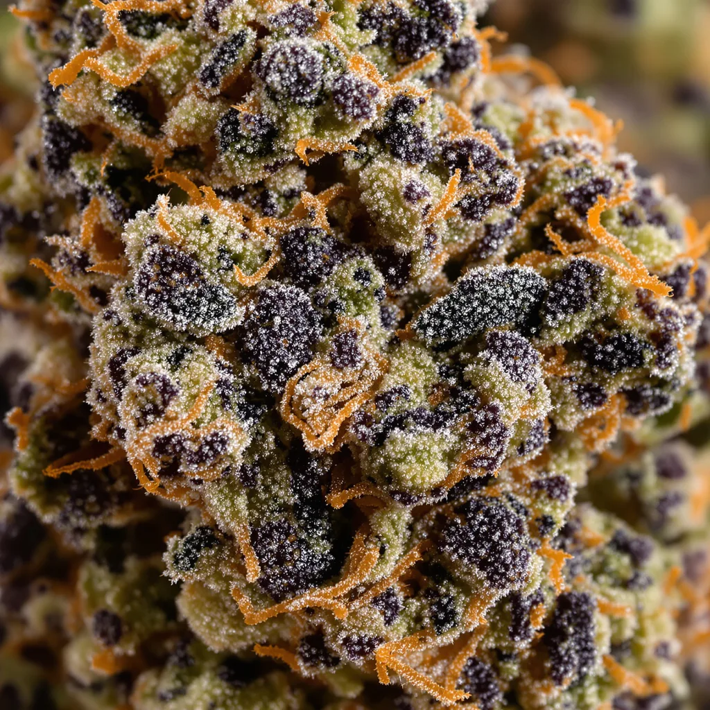 Gros plan de fleur de cannabis Yoda’s Brain montrant calices denses aux reflets violets