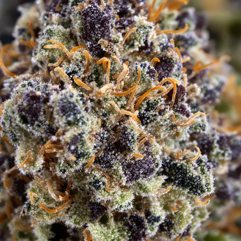 Gros plan de fleur de cannabis Yumboldt montrant calices denses aux reflets violets