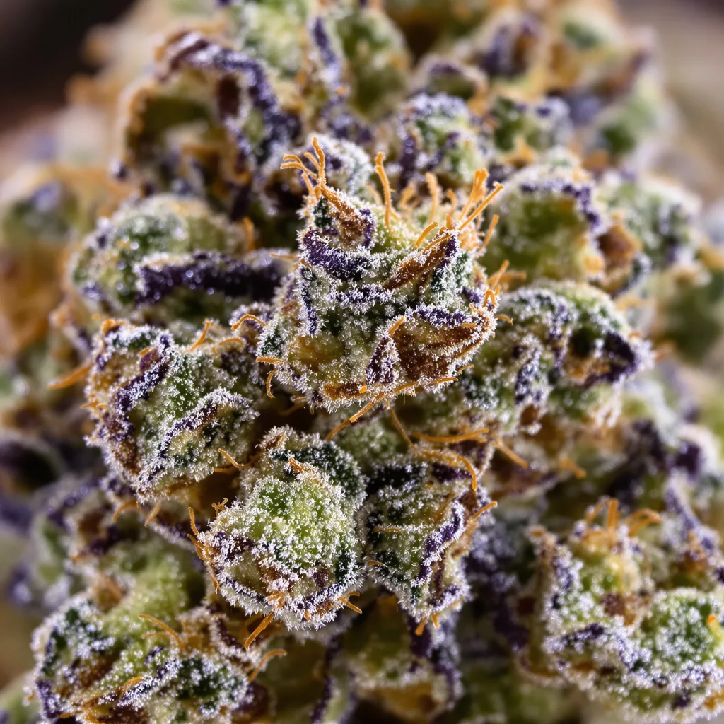 Gros plan de fleur de cannabis Yumboldt montrant calices denses aux reflets violets