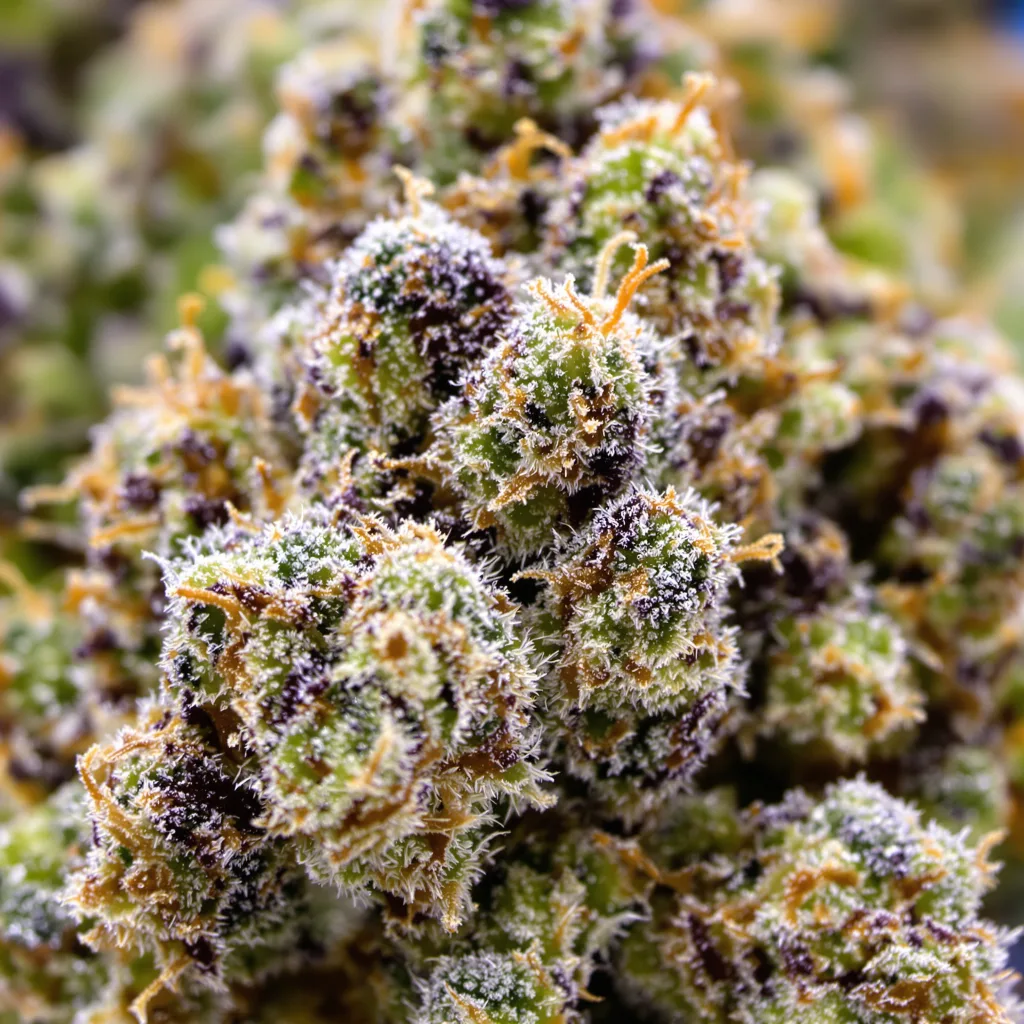 Gros plan de fleur de cannabis Zashimi montrant structure équilibrée avec trichomes givrés