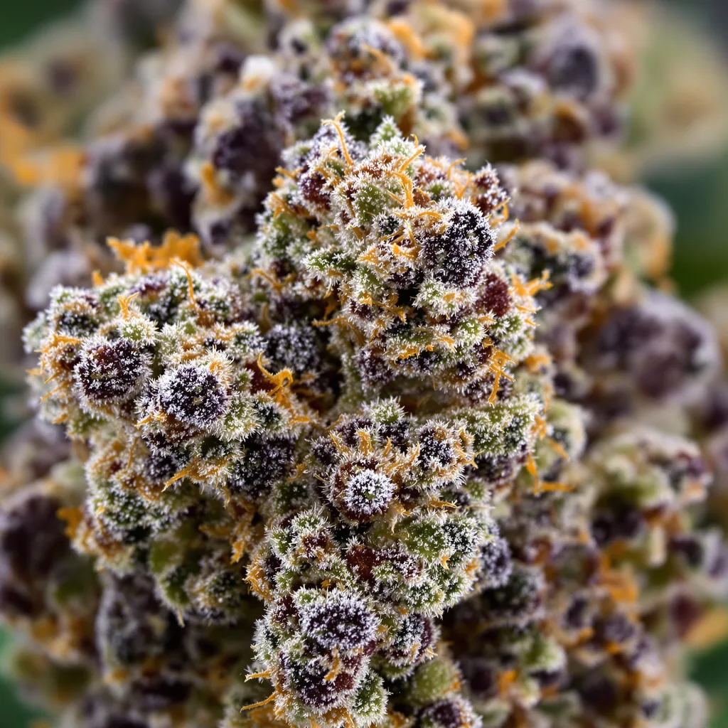 Gros plan de fleur de cannabis Zebra Cake montrant calices denses aux reflets violets