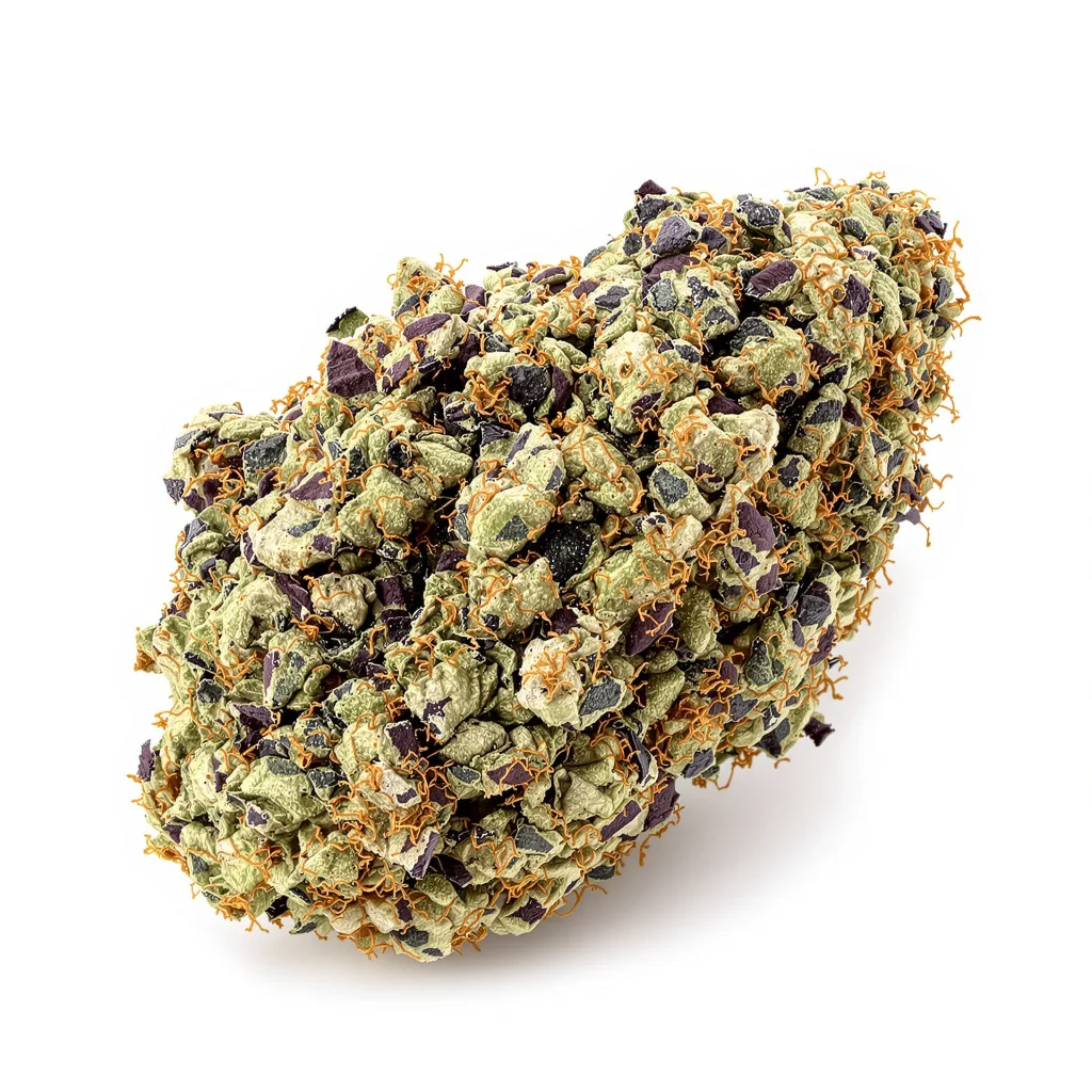 Zebra Cake 70% indica / 30% sativa — fleur avec trichomes visibles