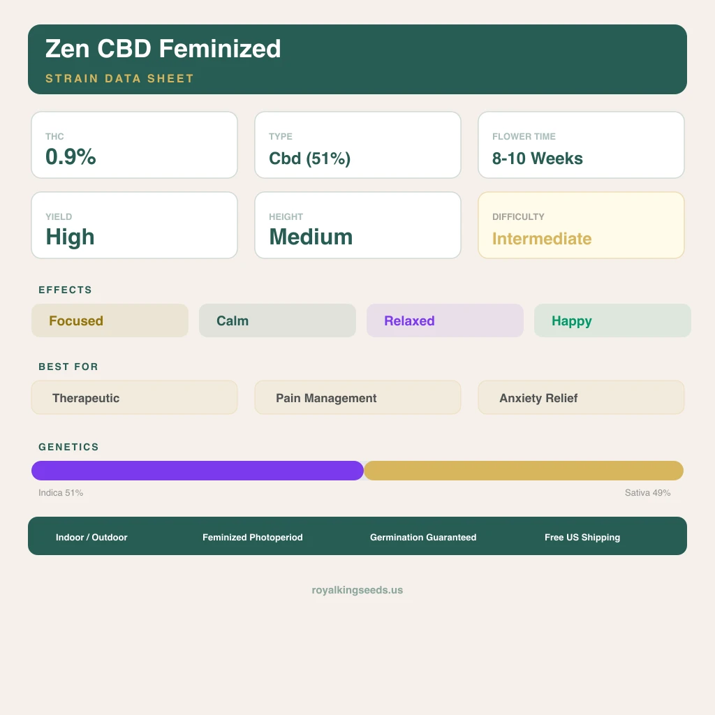 Zen CBD 51% indica / 49% sativa — fleur avec trichomes visibles