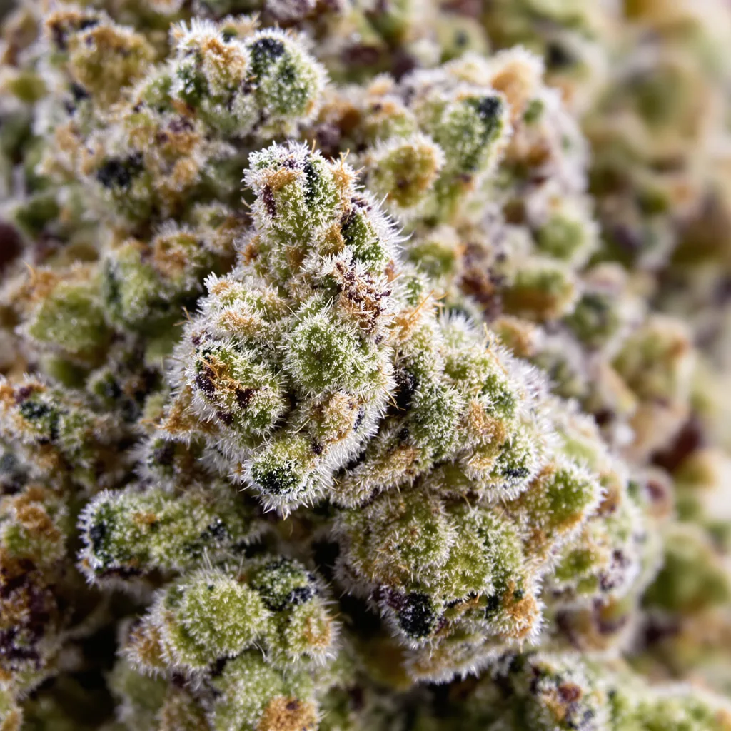 Gros plan de fleur de cannabis Zkittlez montrant structure équilibrée avec trichomes givrés